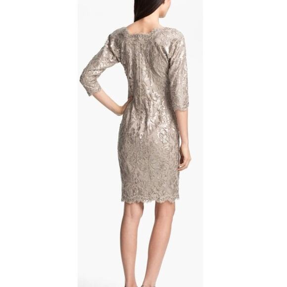 Tadashi Shoji Embroidered Sequin Lace Sand Beige Cocktail Dress Size 12 - Picture 2 of 13